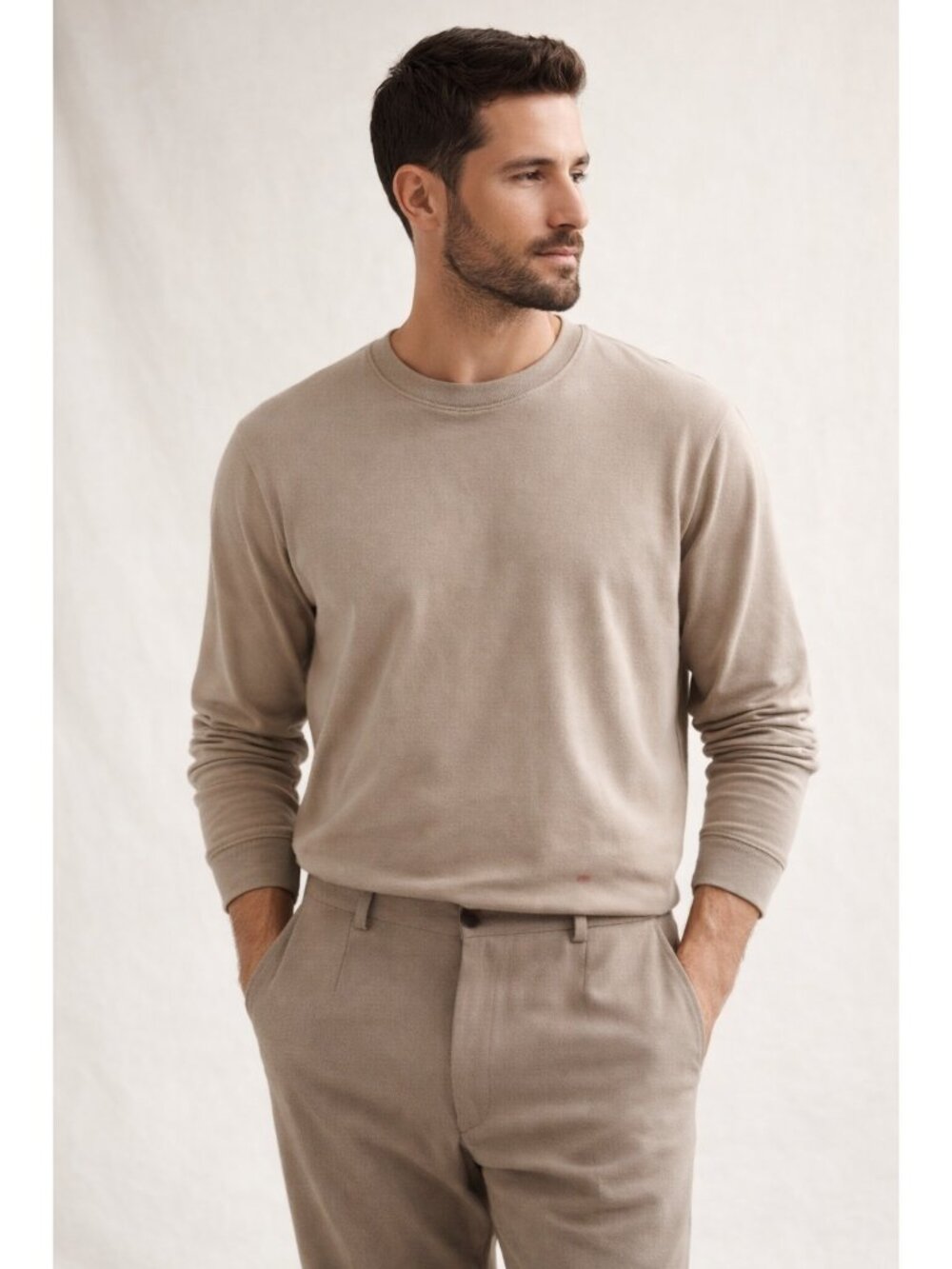 Robert Barakett Mens L Pima Cotton Long Sleeve Tee Beige Luxury Soft Casual